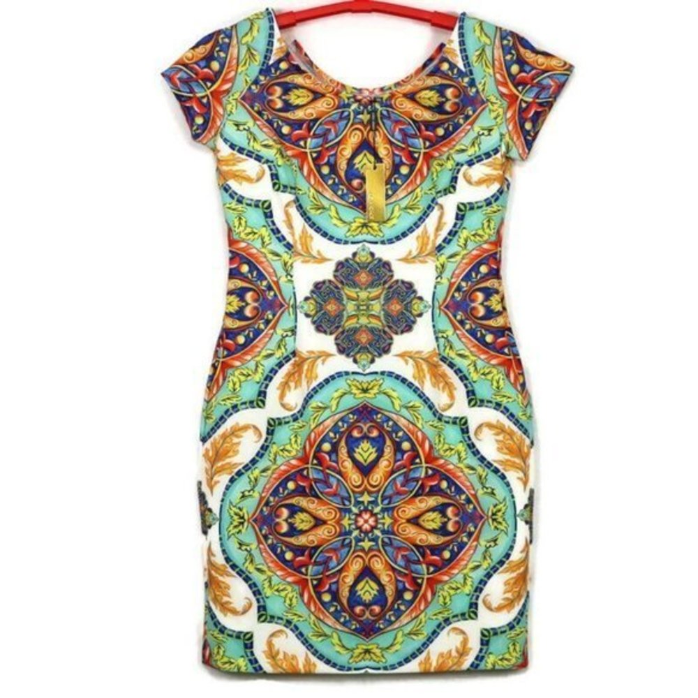 Alexia‎ Admor Scuba Sheath Dress White Orange Blue Green Floral 12
